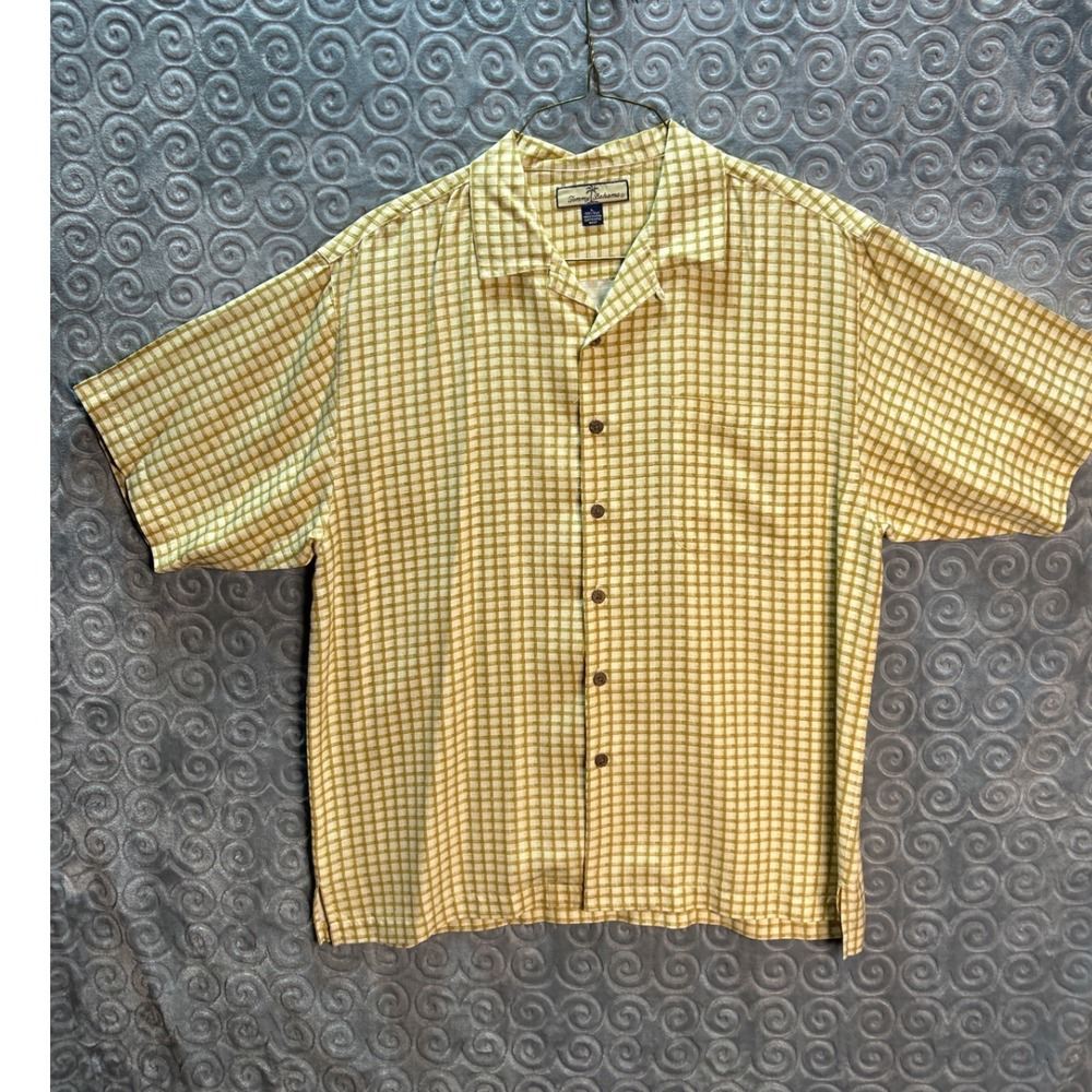VTG Tommy Bahama Size‎ Large 100%Silk Yellow Plaid Shirt Button Up Short Sleeve